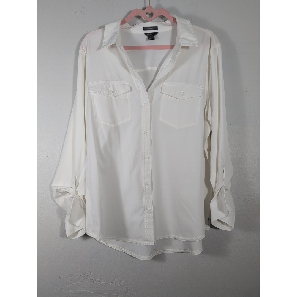 Eddie Bauer ‎ Women's Classic Fit White Shirt UPF50 Button Down Sz L stretchy